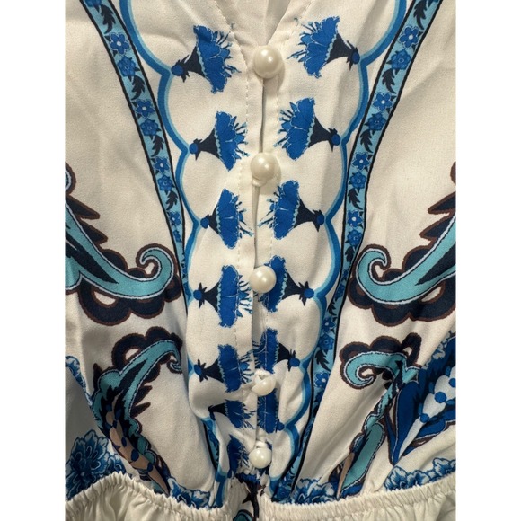 CUPSHE Blue White Paisley Floral Mini Dress Puff Sleeve V-Neck Tie Waist Small - Picture 5 of 7